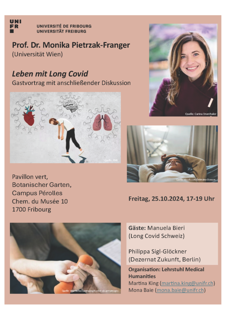 Flyer for Monika Pietrzak-Franger's "Life with Long Covid" lecture at the Université de Fribourg, Switzerland, on 25 Oct 2024, 5-7 pm